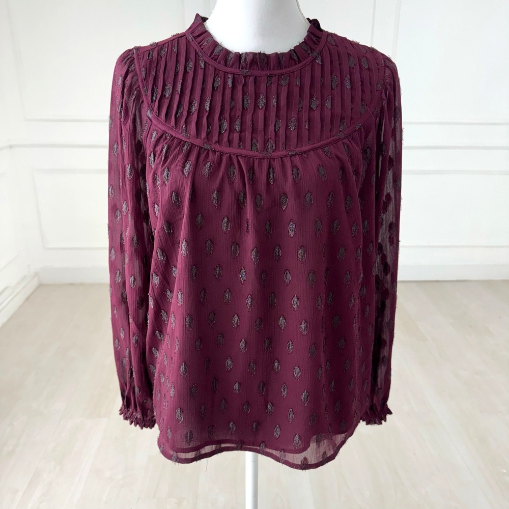 LOFT Blouse Womens Small Burgundy Metallic Clip Dot Pleated Ruffle Mock Neck Top